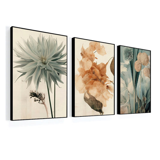 Boho Style Leaves Flowers and Geometric Wall Art Set of 3