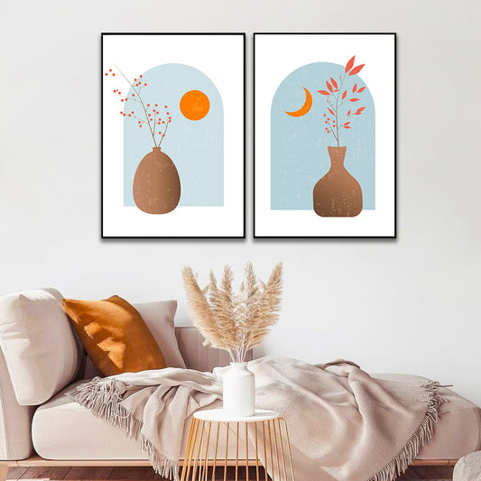 Mid-Century Bohemian Style Abstract Flower and Vase Modern Wall Art Set of 2