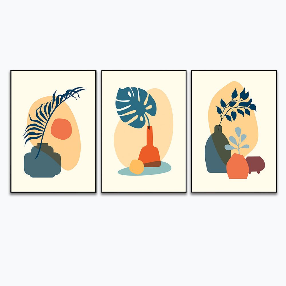 Abstract Boho Poster with Tropical Leaf, Color Vase and Shape Wall Art Set of 3