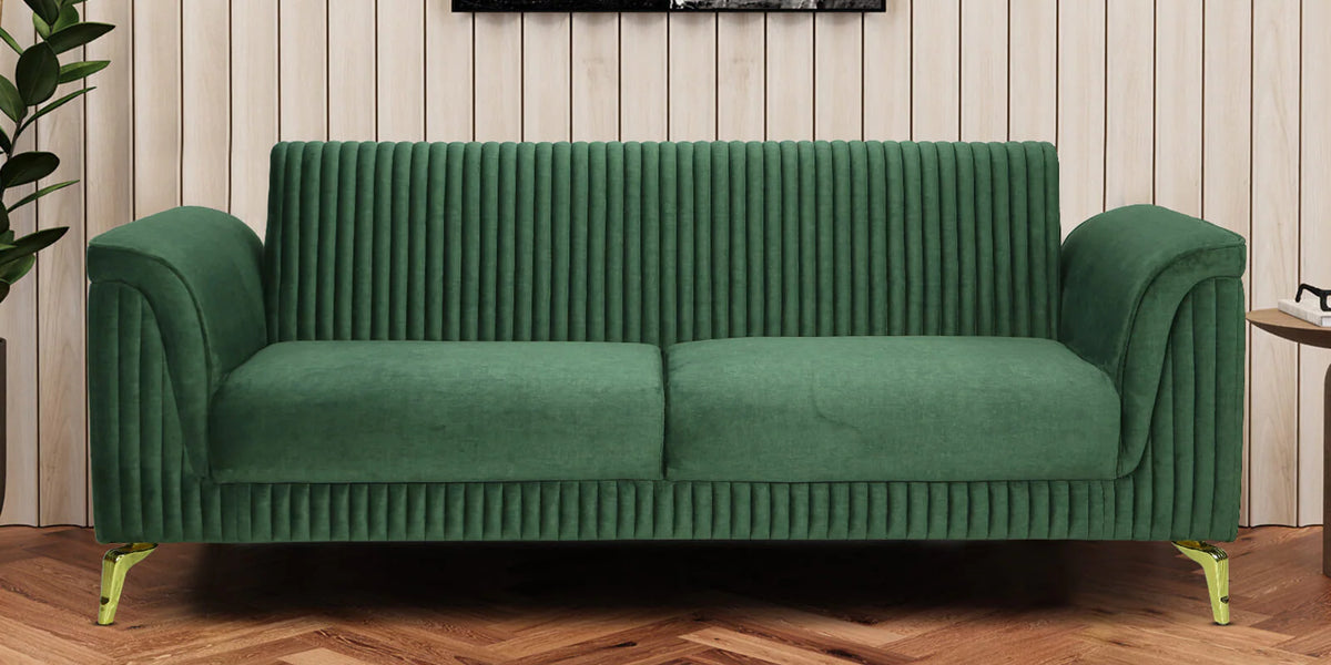 Emerald Green Channel Tufted Sofa | Velvet 3 Seater Sofa In Textured Green Colour