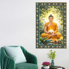 Gautam Buddha Awakened One Floral Border Vertical Wall Painting