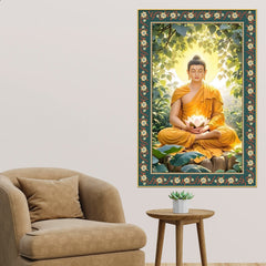 Gautam Buddha Awakened One Floral Border Vertical Wall Painting
