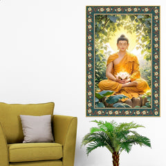 Gautam Buddha Awakened One Floral Border Vertical Wall Painting