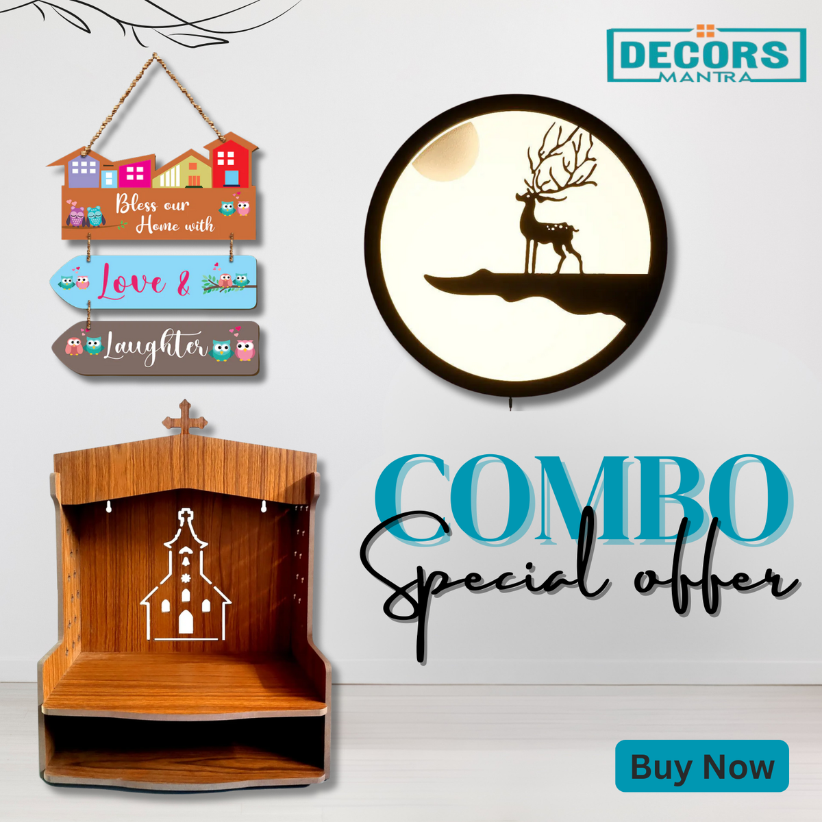Wooden Mandir Temple , Deer LED Light & Home Wall Art Combo Offer