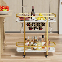 Contemporary Bar Cart Trolley With Golden Frame Dual Shelves