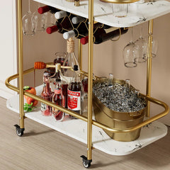 Contemporary Bar Cart Trolley With Golden Frame Dual Shelves