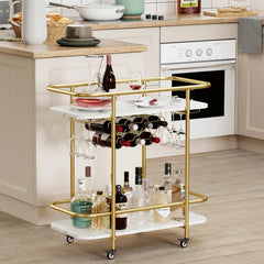 Contemporary Bar Cart Trolley With Golden Frame Dual Shelves