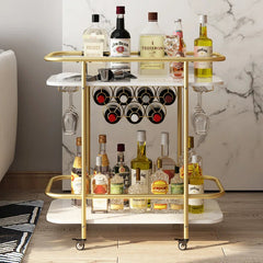 Contemporary Bar Cart Trolley With Golden Frame Dual Shelves