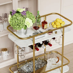 Contemporary Bar Cart Trolley With Golden Frame Dual Shelves