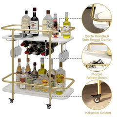 Contemporary Bar Cart Trolley With Golden Frame Dual Shelves