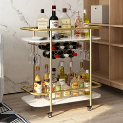 Contemporary Bar Cart Trolley With Golden Frame Dual Shelves
