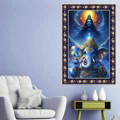 Cosmic Blessings Shiva and Ganesha Floral Border Vertical Wall Paintin