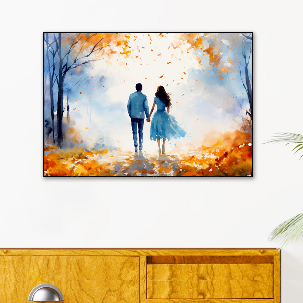 Beautiful Young Couple Walking in Autumn Park Canvas Wall Paintings & Arts