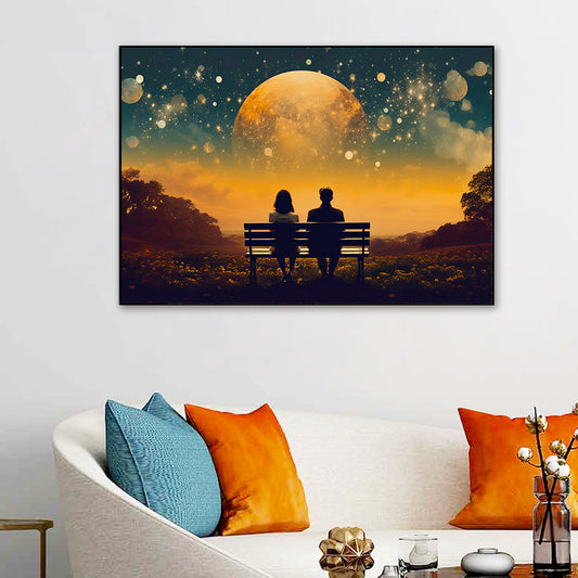 Beautiful Young Couple Sitting on A Bench Looking at The Sky Canvas Wall Paintings & Arts