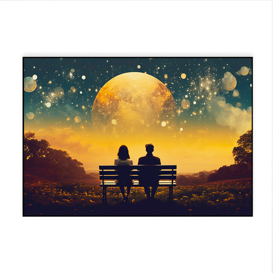 Beautiful Young Couple Sitting on A Bench Looking at The Sky Canvas Wall Paintings & Arts