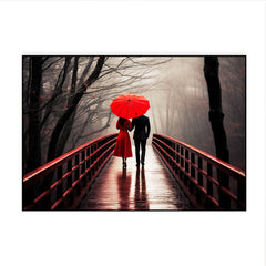 Beautiful Couple with Red Umbrella Under the Rain Canvas Wall Paintings & Arts