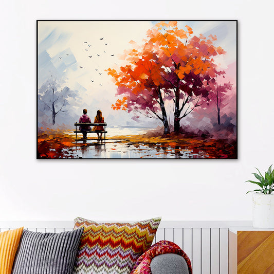 Beautiful Couple Sit on A Bench and Look at The Mountains Canvas Wall Paintings & Arts