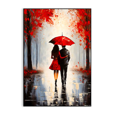 Beautiful Couple Walking Rain Umbrella Black Red Color Palette Holding Hand Wall Paintings & Arts