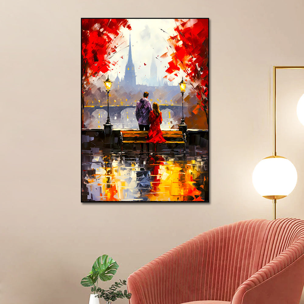 Young Couple Artwork Sitting on Bench Canvas Wall Paintings & Arts