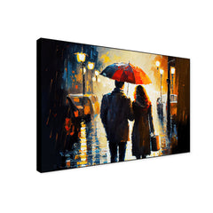 Beautiful Couple Walking in The Rain Holding an Umbrella Canvas Wall Paintings & Arts