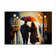 Beautiful Couple Walking in The Rain Holding an Umbrella Canvas Wall Paintings & Arts