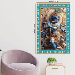Krishna with Flute Floral Border Vertical Canvas Wall Painting