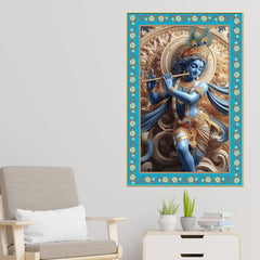 Krishna with Flute Floral Border Vertical Canvas Wall Painting