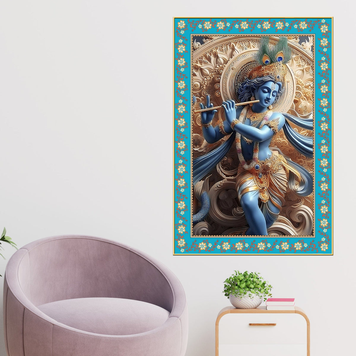 Krishna with Flute Floral Border Vertical Canvas Wall Painting
