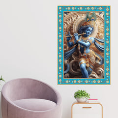 Krishna with Flute Floral Border Vertical Canvas Wall Painting