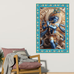 Krishna with Flute Floral Border Vertical Canvas Wall Painting