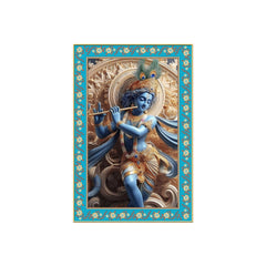 Krishna with Flute Floral Border Vertical Canvas Wall Painting