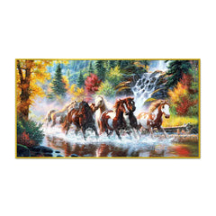 Seven Running Horses in Water Canvas  Big Panoramic Wall Painting