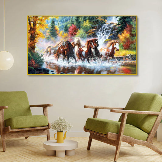 Seven Running Horses in Water Canvas  Big Panoramic Wall Painting