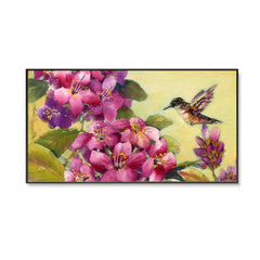 Beautiful Flower Bunch and Humming Bird Canvas  Wall Painting