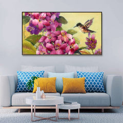 Beautiful Flower Bunch and Humming Bird Canvas  Wall Painting