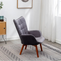 Tufted Curvy Long Back Grey Lounge Chair With Ottoman