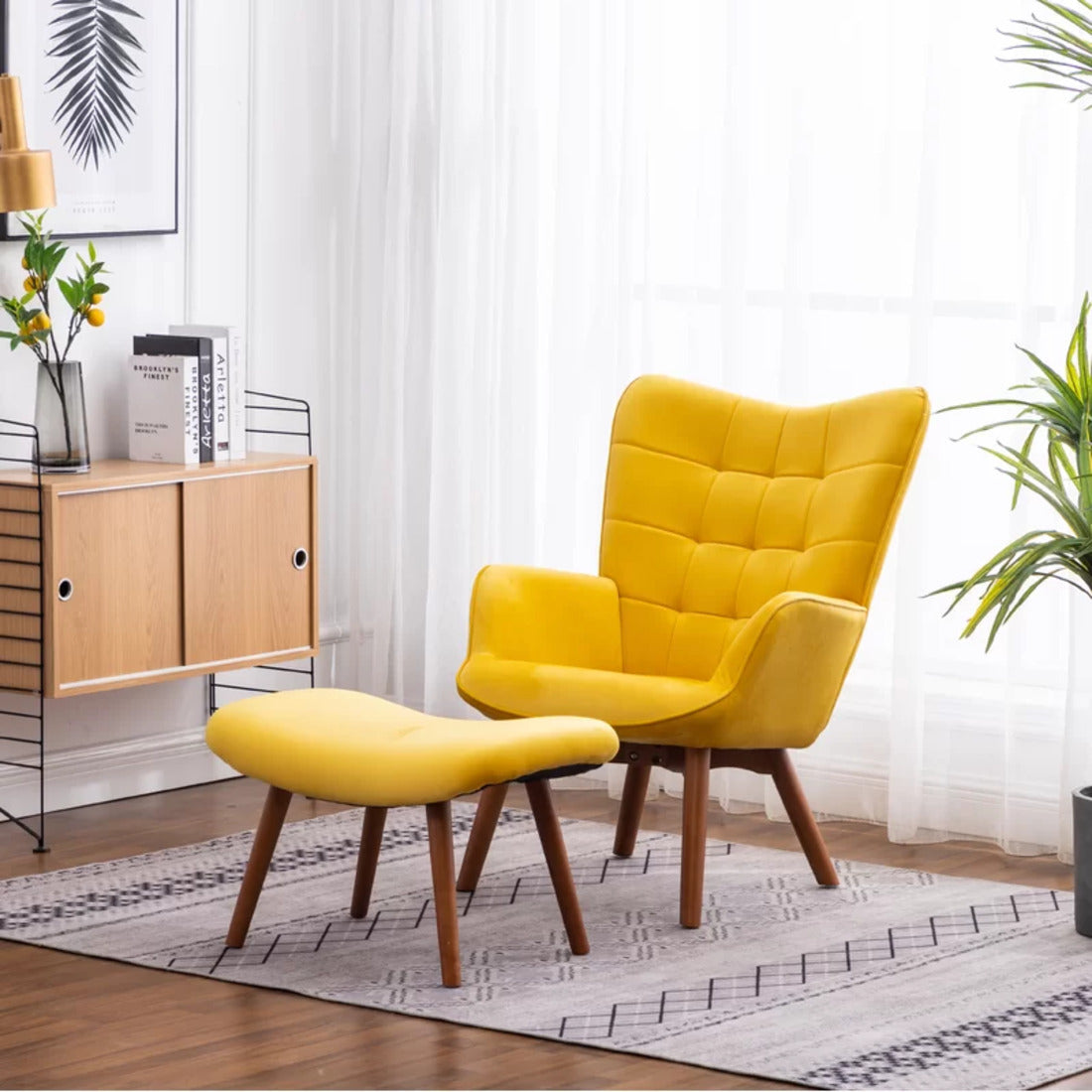 Tufted Curvy Long Back Yellow Lounge Chair With Ottoman