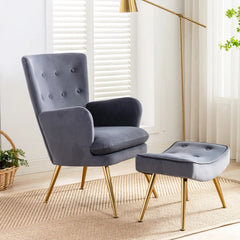 Tufted Long Back Grey Lounge Chair With Ottoman
