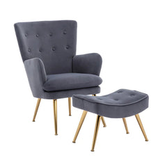 Tufted Long Back Grey Lounge Chair With Ottoman