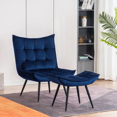 Navy Blue Leatherette Armchair With Footrest & Cushion