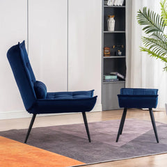 Navy Blue Leatherette Armchair With Footrest & Cushion