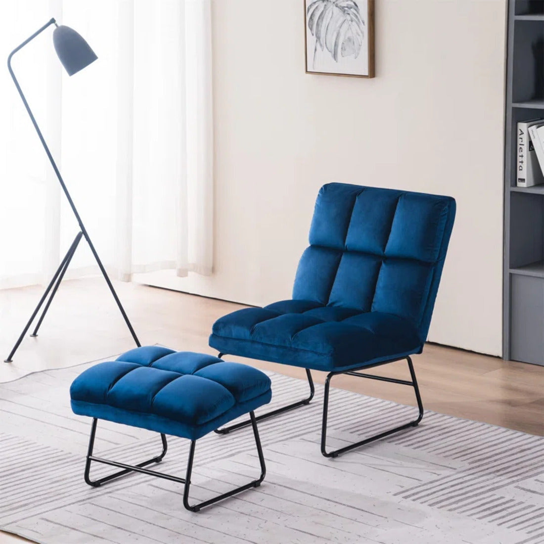 Square Tufted Blue Velvet Chair With Footrest