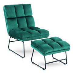 Square Tufted Rich Green Velvet Chair With Footrest