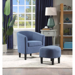 Bluish Grey Comfy Round Back Velvet Chair With Ottoman