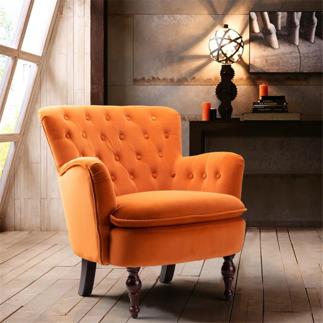 Detailed Tufted Super Comfy Orange Velvet Lounge Chair