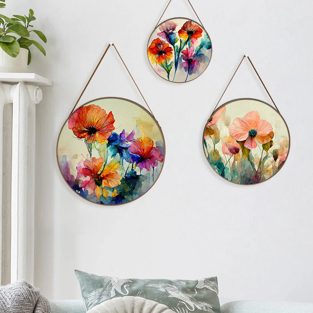 Floral Canvas Wall Hanging Painting with Round Framed for Home Décor - Set of 3