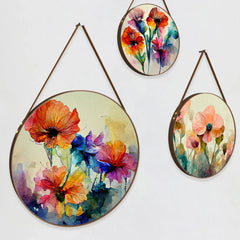 Floral Canvas Wall Hanging Painting with Round Framed for Home Décor - Set of 3