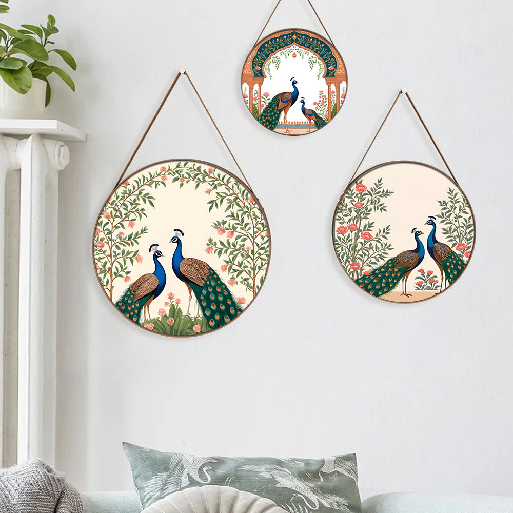 Set of 3 Romantic Peacock Couple Round Canvas Wall Hanging Painting (dmcrcl002)