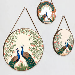 Set of 3 Romantic Peacock Couple Round Canvas Wall Hanging Painting (dmcrcl002)