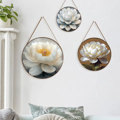 Luxurious White Lotus Floral Round Framed Canvas Wall Paintings - Set of 3